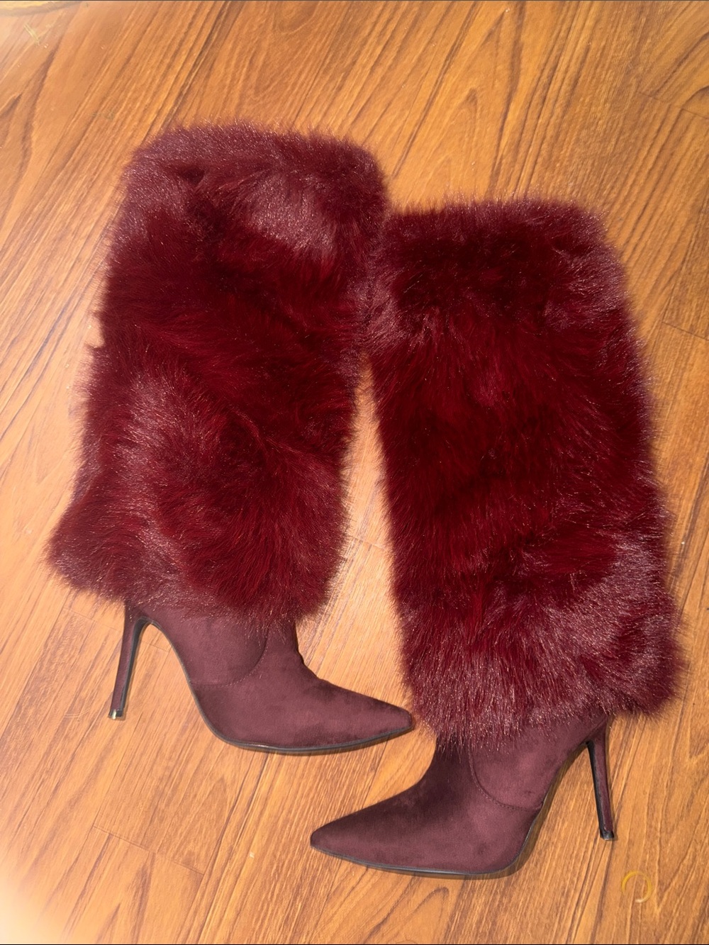 Burgundy Faux Fur Stiletto Knee-High Boots - Women